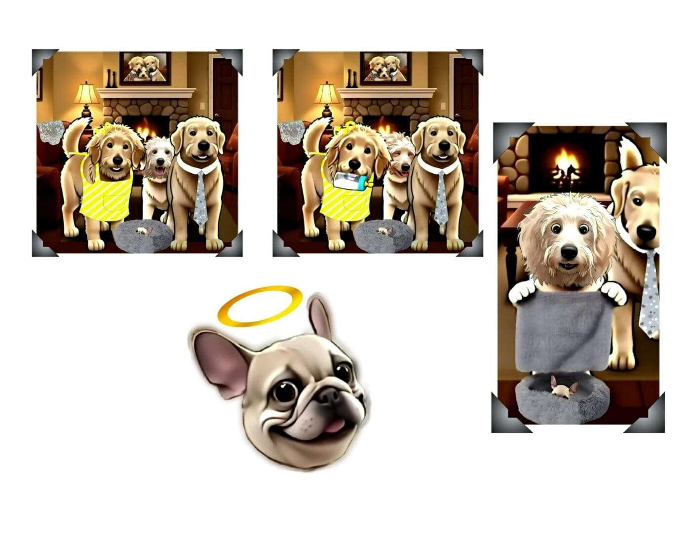 Playful cartoon dogs in front of fireplace