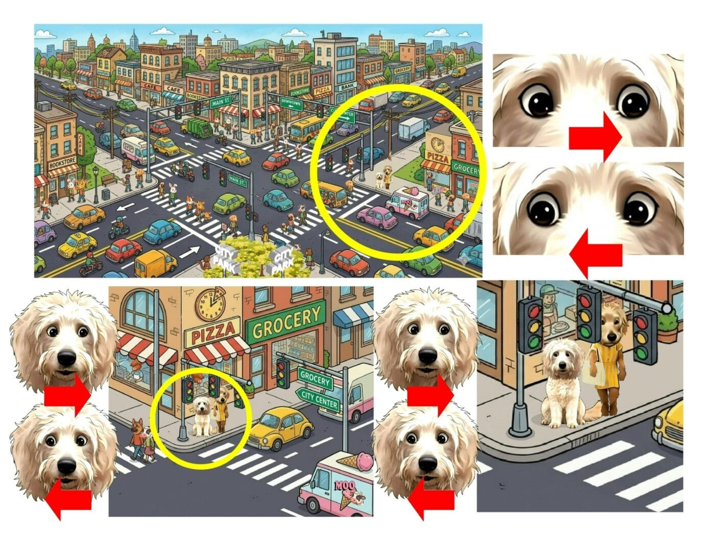Cartoon city intersection with circled dog