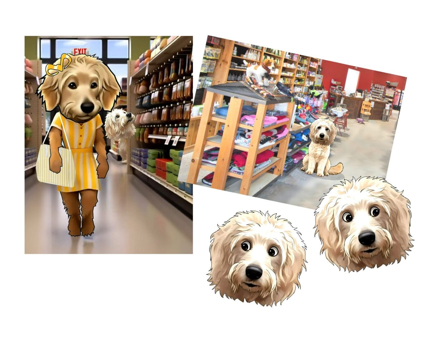 Cartoon dogs shopping in a pet store