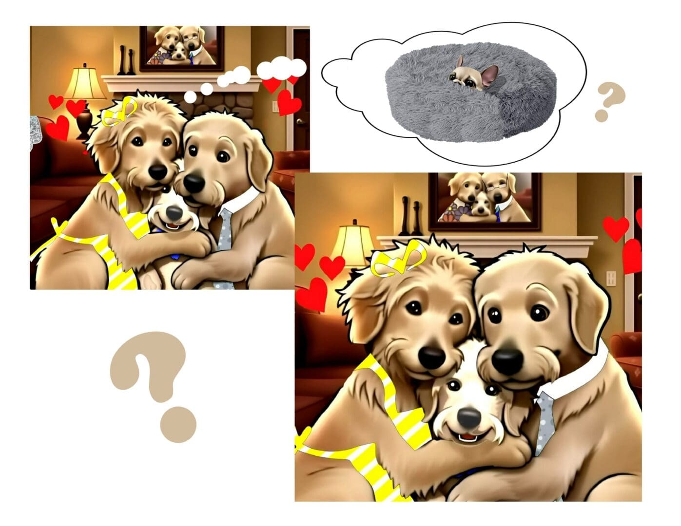 Cartoon dog family hugging with hearts