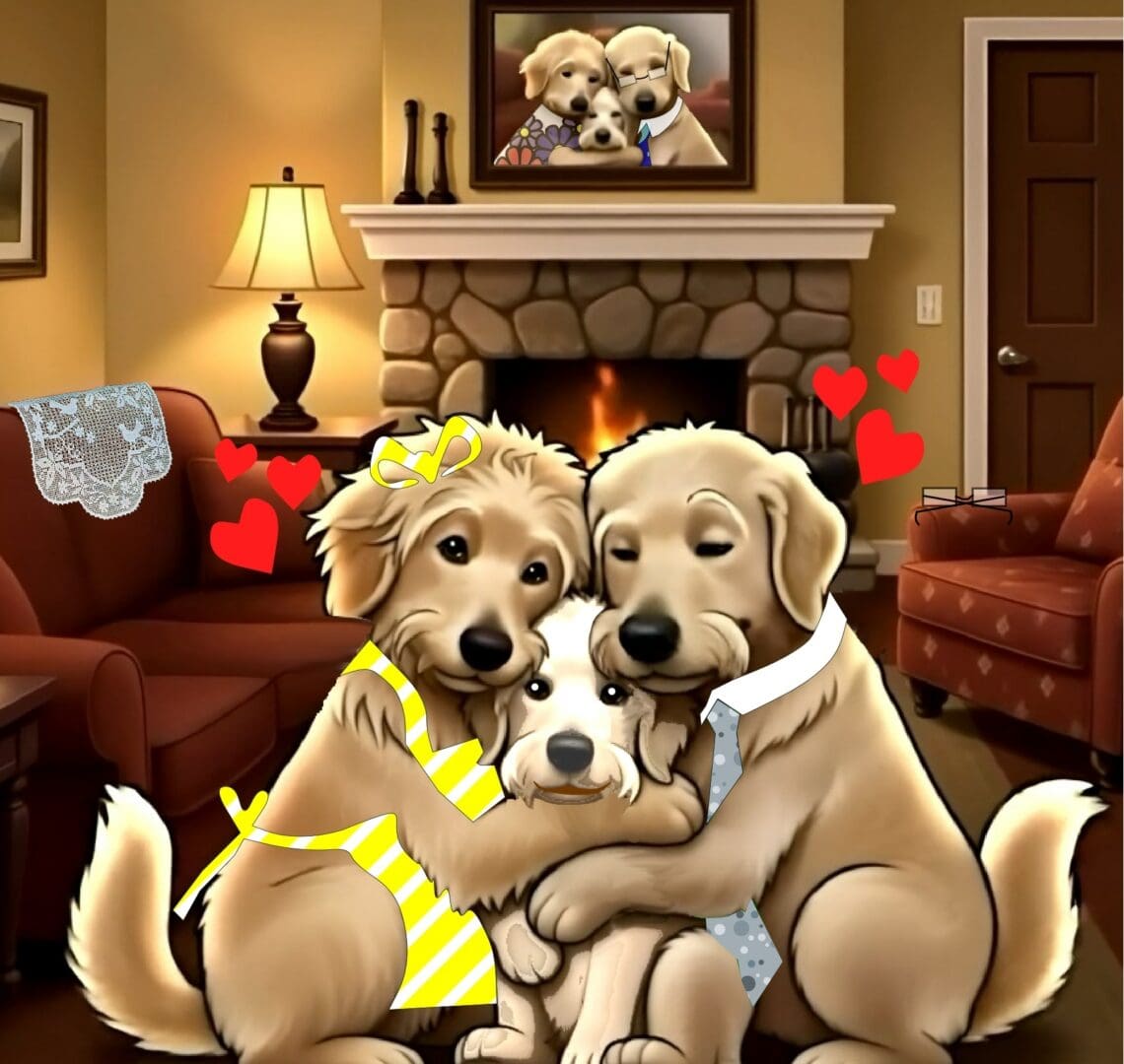 Three golden retrievers cuddling near fireplace