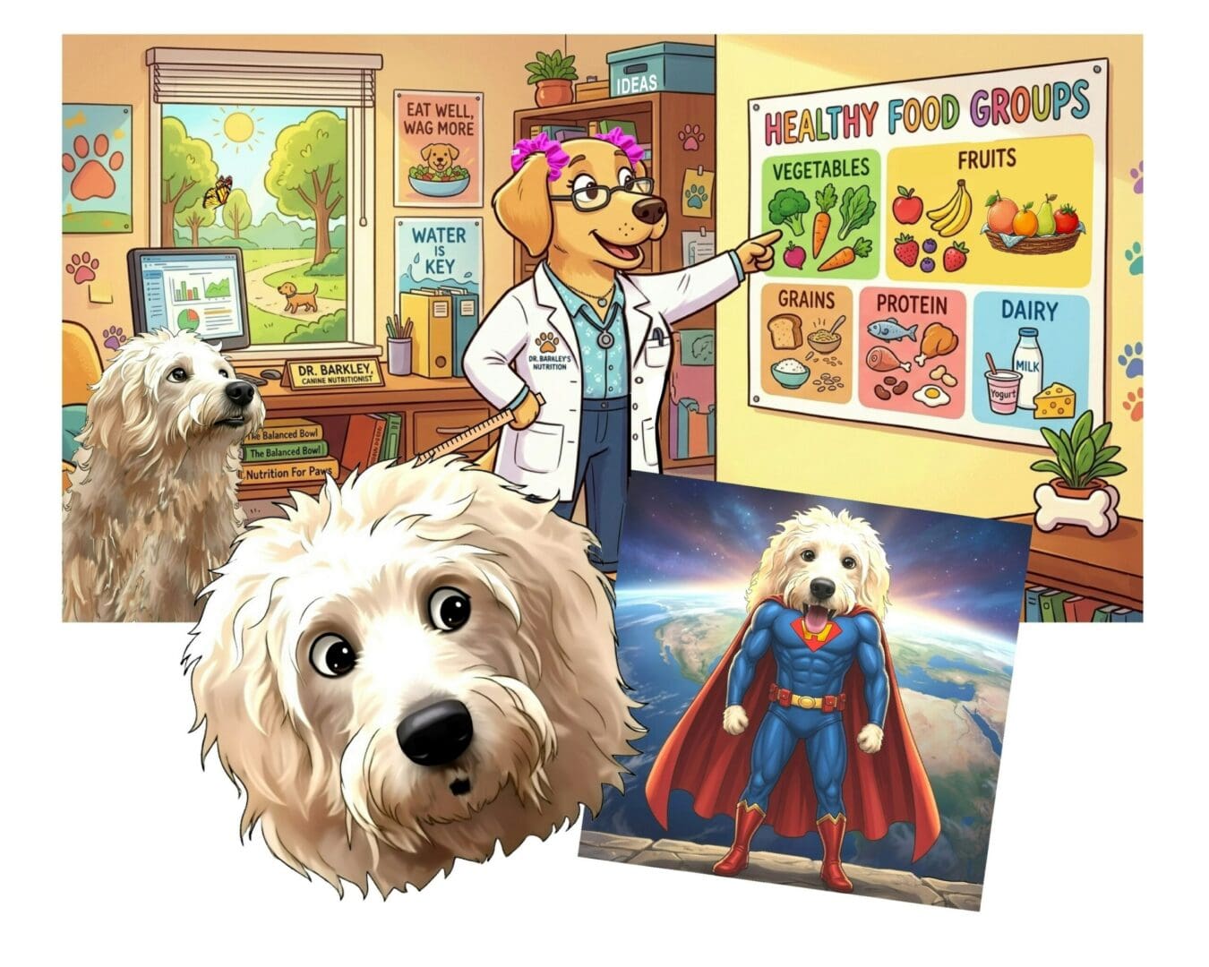 Cartoon vet dog teaching healthy food to dogs