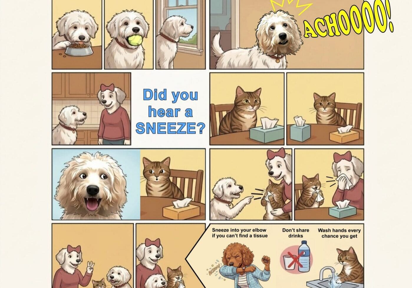 Dogs and cats discussing sneezing etiquette.