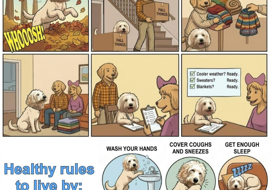 Dog preparing for fall and promoting health tips.