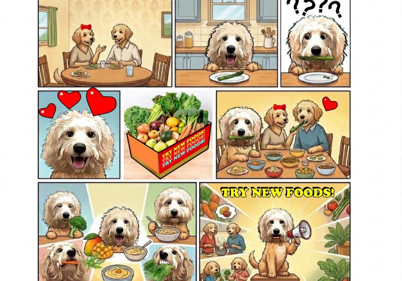 Dogs enjoying food and promoting healthy eating.